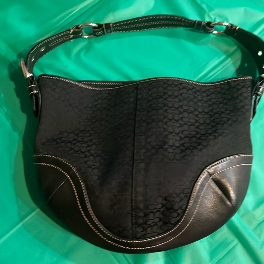 Vintage Coach Signaturere Black on Black Hobo Bag with Leather and Accent